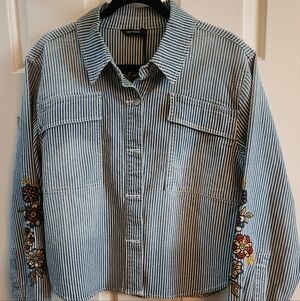 NWT Driftwood Flower Aplique Stripe Metal Button Jacket